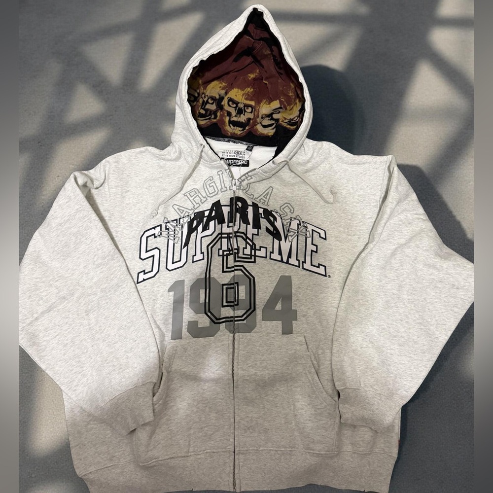 Supreme Grey Zip-Up Hoodie with Graphic Hood Lining